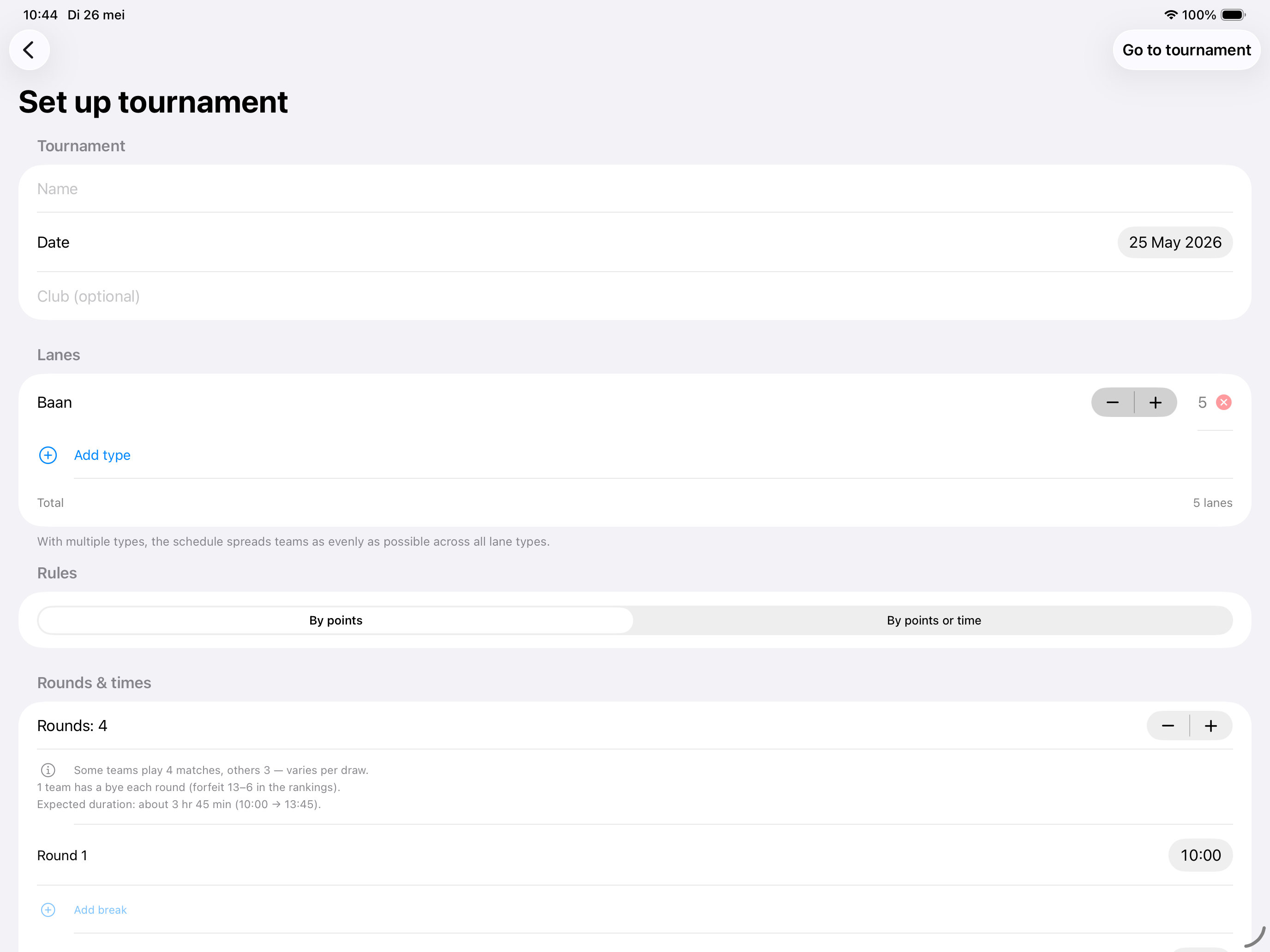 Setting up a tournament